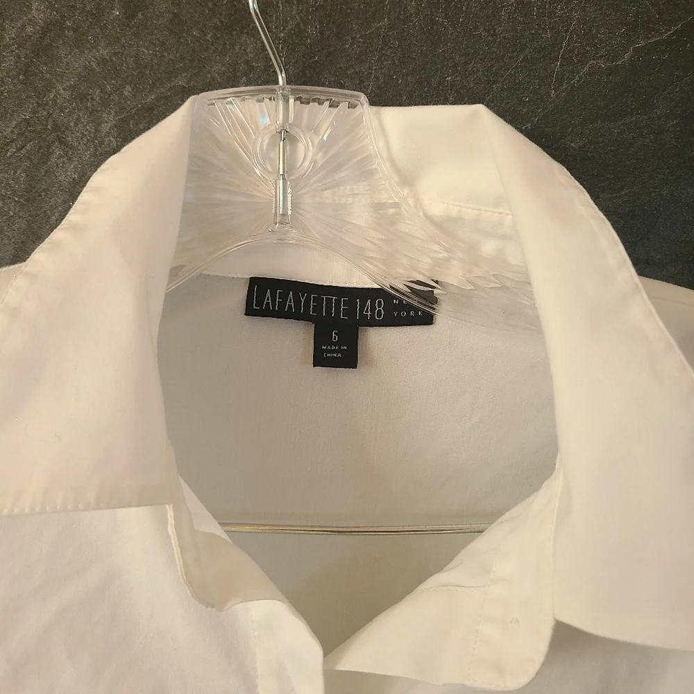 Lafayette 148 New York White Button Down Shirt sz 6 stripped accent sleeve cuffs - Picture 7 of 8